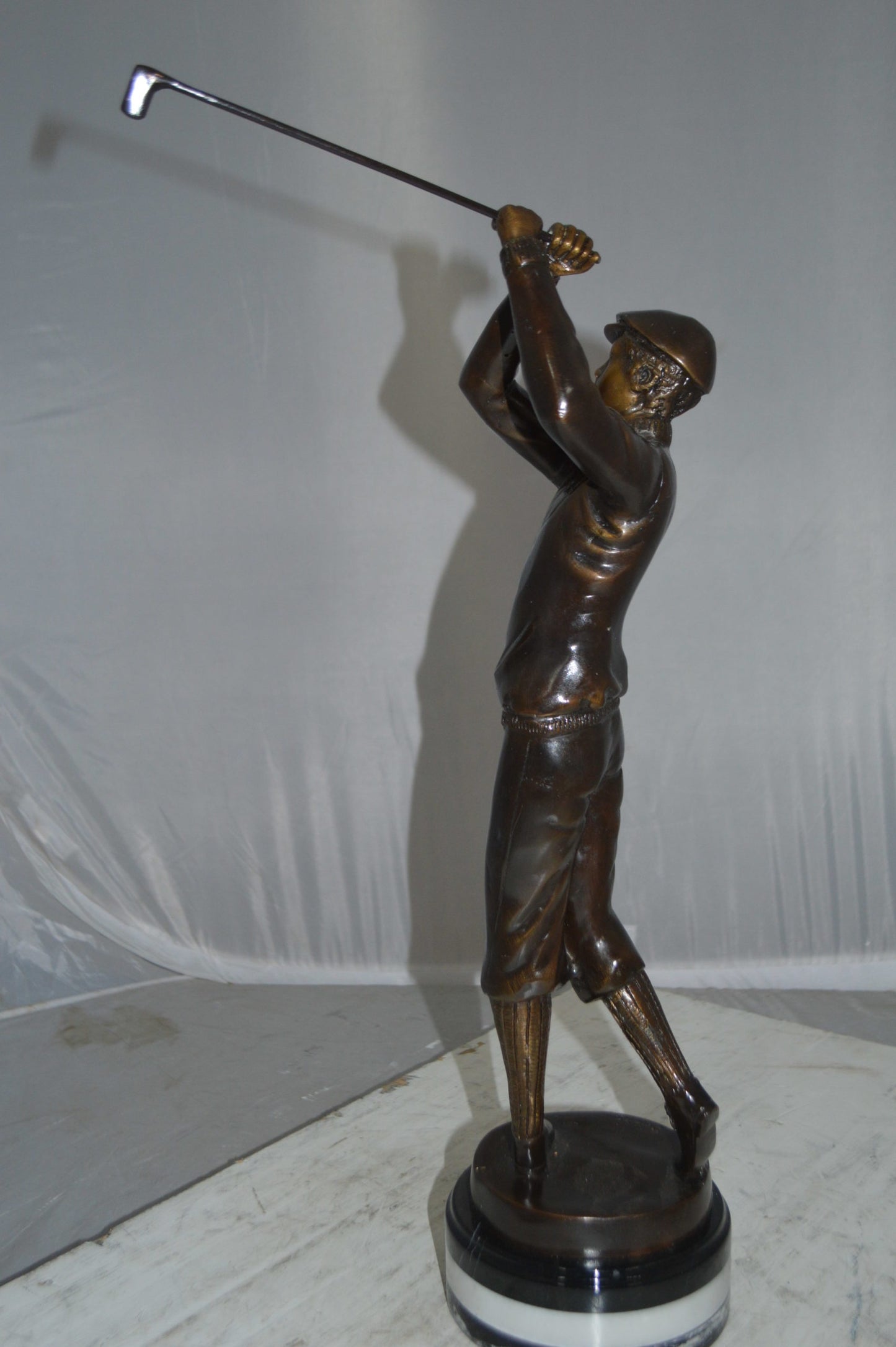 Golfer on Marble Bronze Statue -  Size: 8"L x 8"W x 22"H.