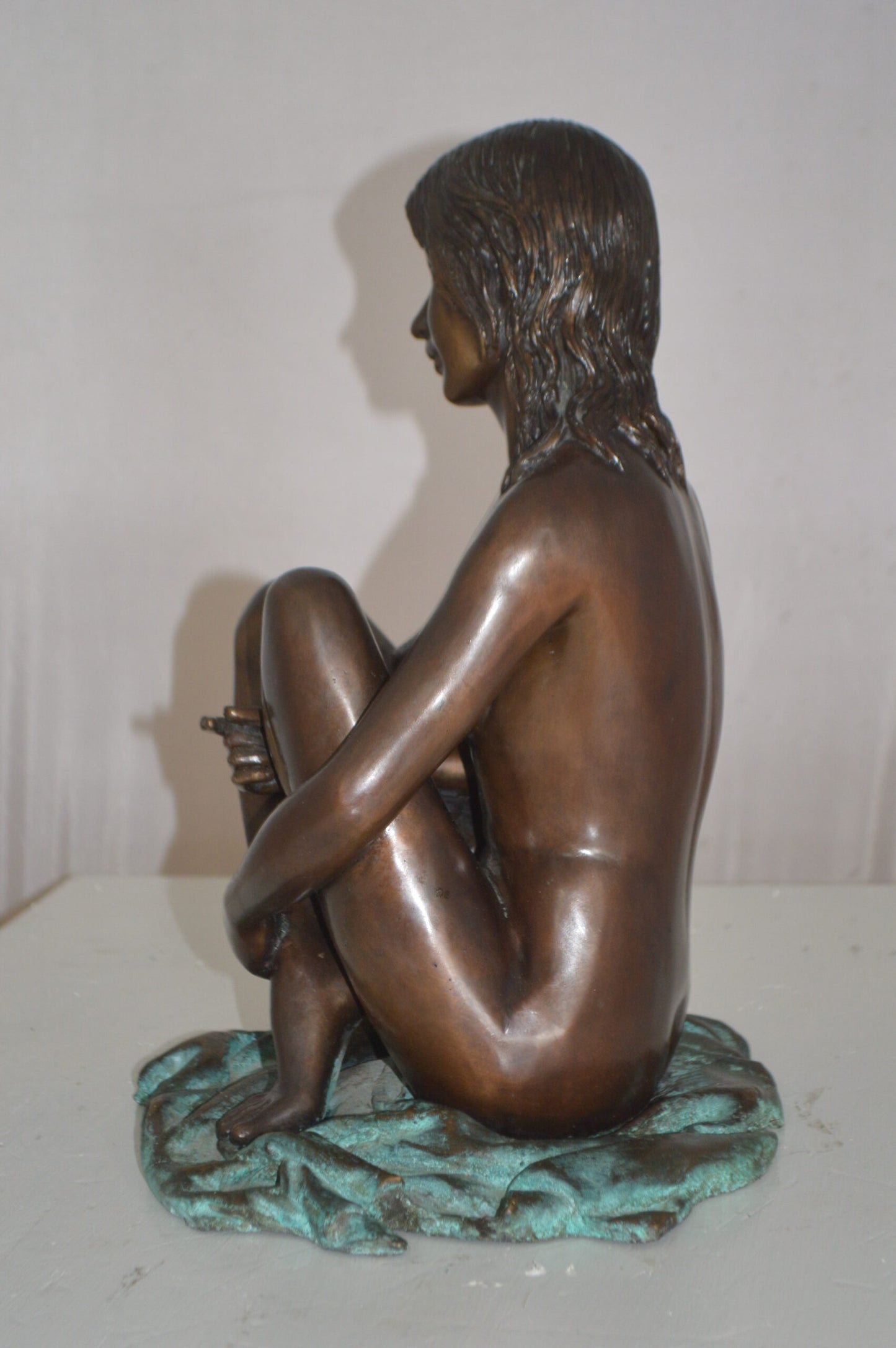 Sitting Art Nude Girl Bronze Statue - Size: 12"L x 10"W x 14"H.