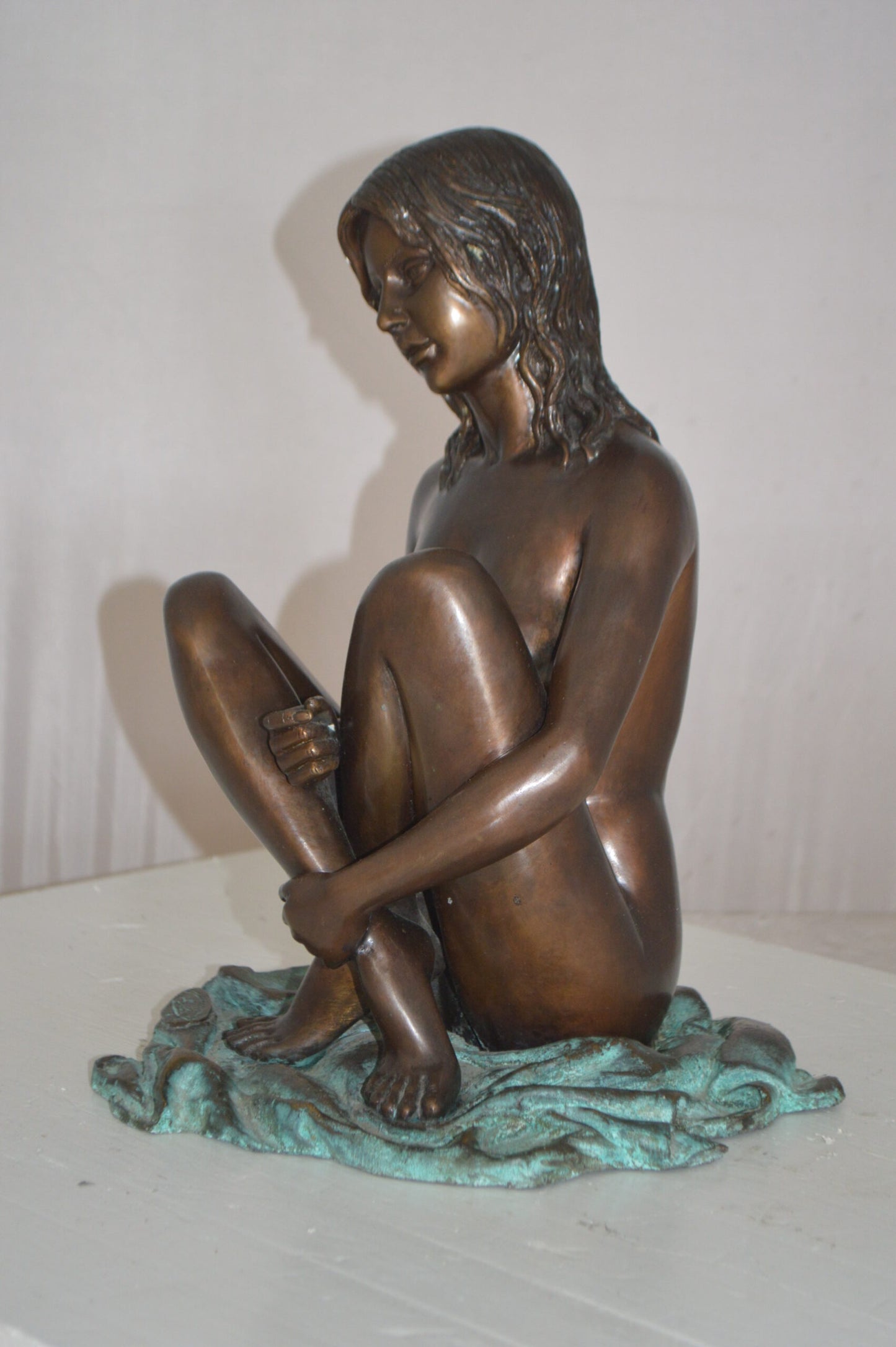 Sitting Art Nude Girl Bronze Statue - Size: 12"L x 10"W x 14"H.