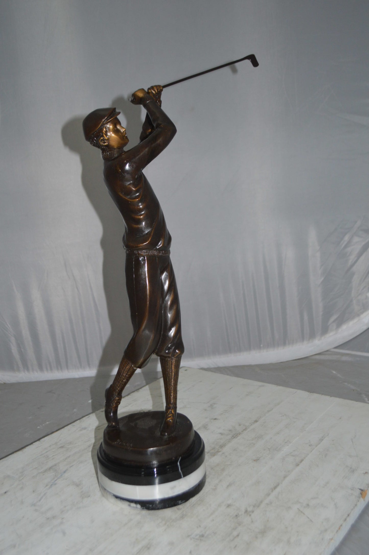 Golfer on Marble Bronze Statue -  Size: 8"L x 8"W x 22"H.