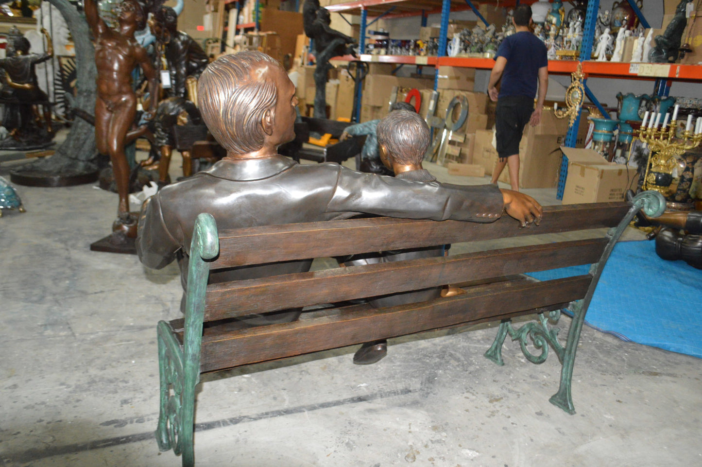 Grandfather an Grandson on a Bench Bronze Statue - Size: 53"L x 32"W x 44"H.