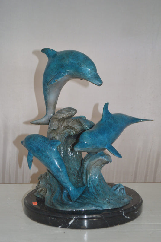 Three Jumping Dolphins Bronze Statue - Size: 15"L x 13"W x 18"H.