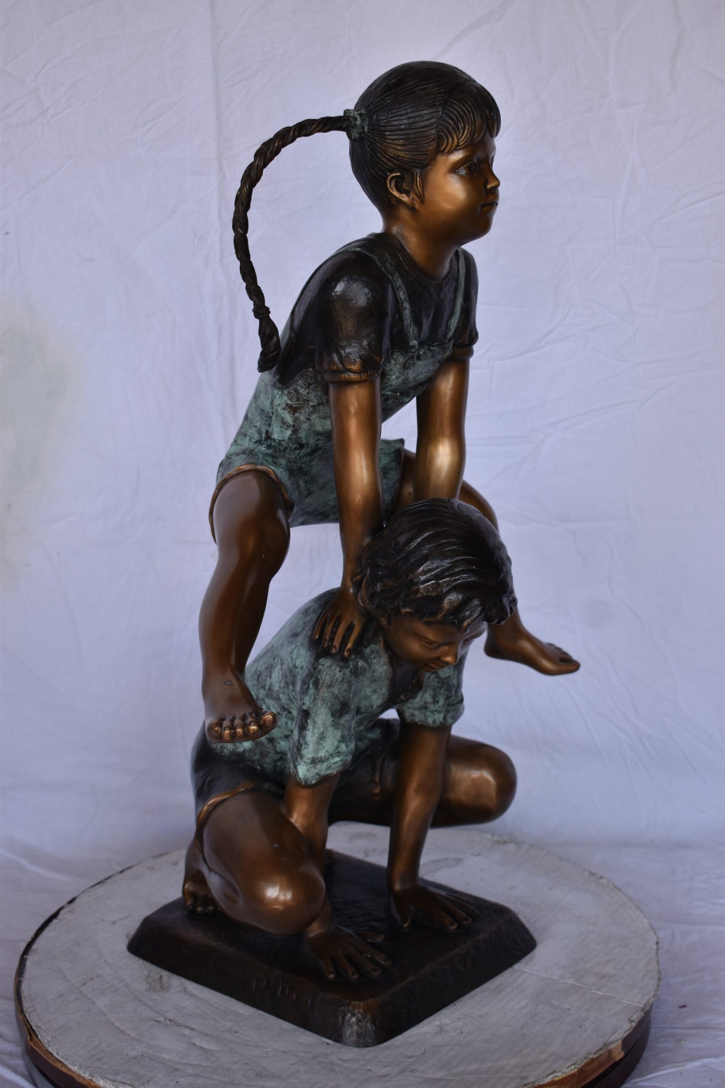 Nifao Boy and Girl Leapfrog Bronze Statue – Childhood Play Sculpture - Elegant Patina Finish - 25"L x 20"W x 32"H