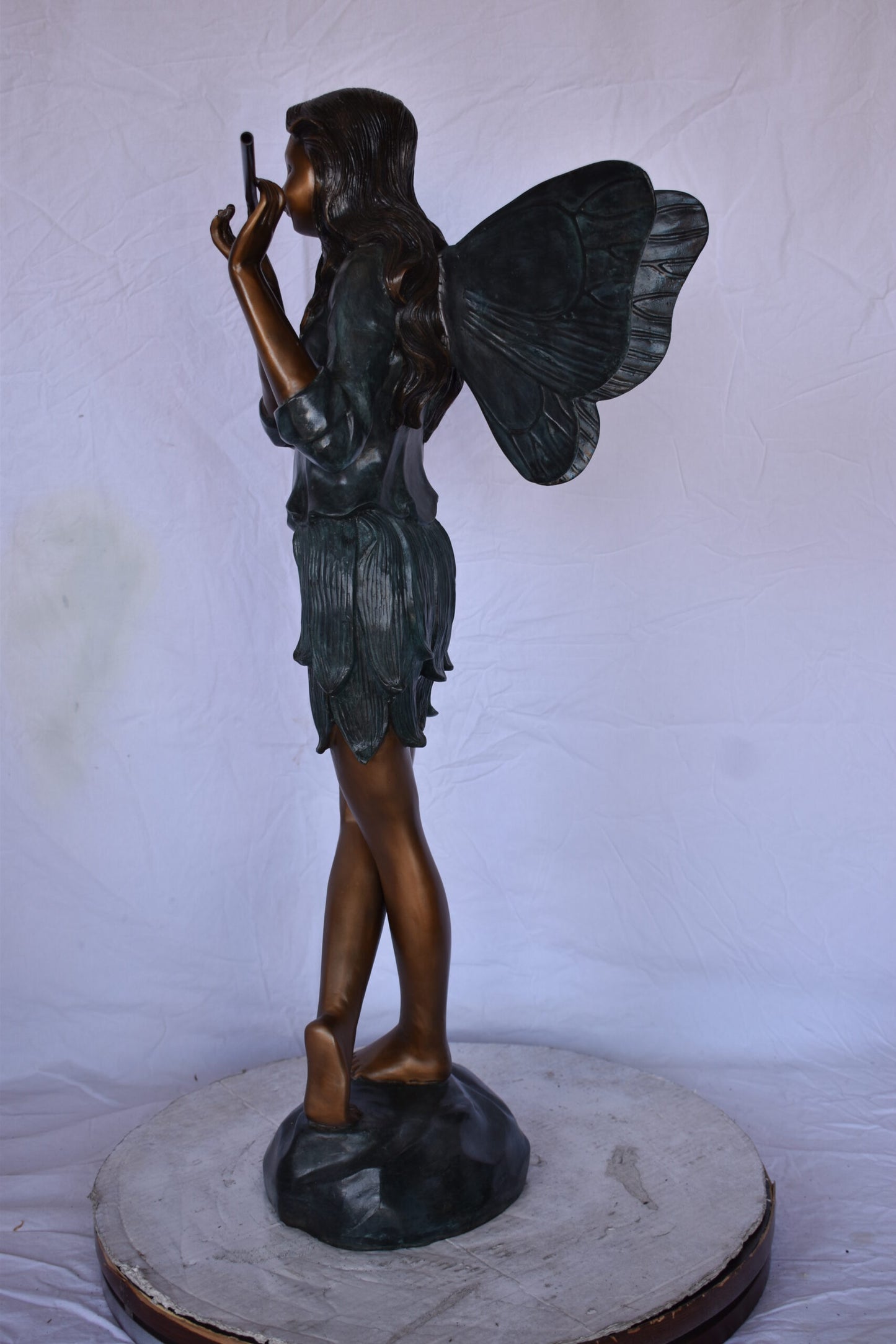 Fairy Standing and Playing the Flute Bronze Statue - Size: 16"L x 16"W x 38"H.