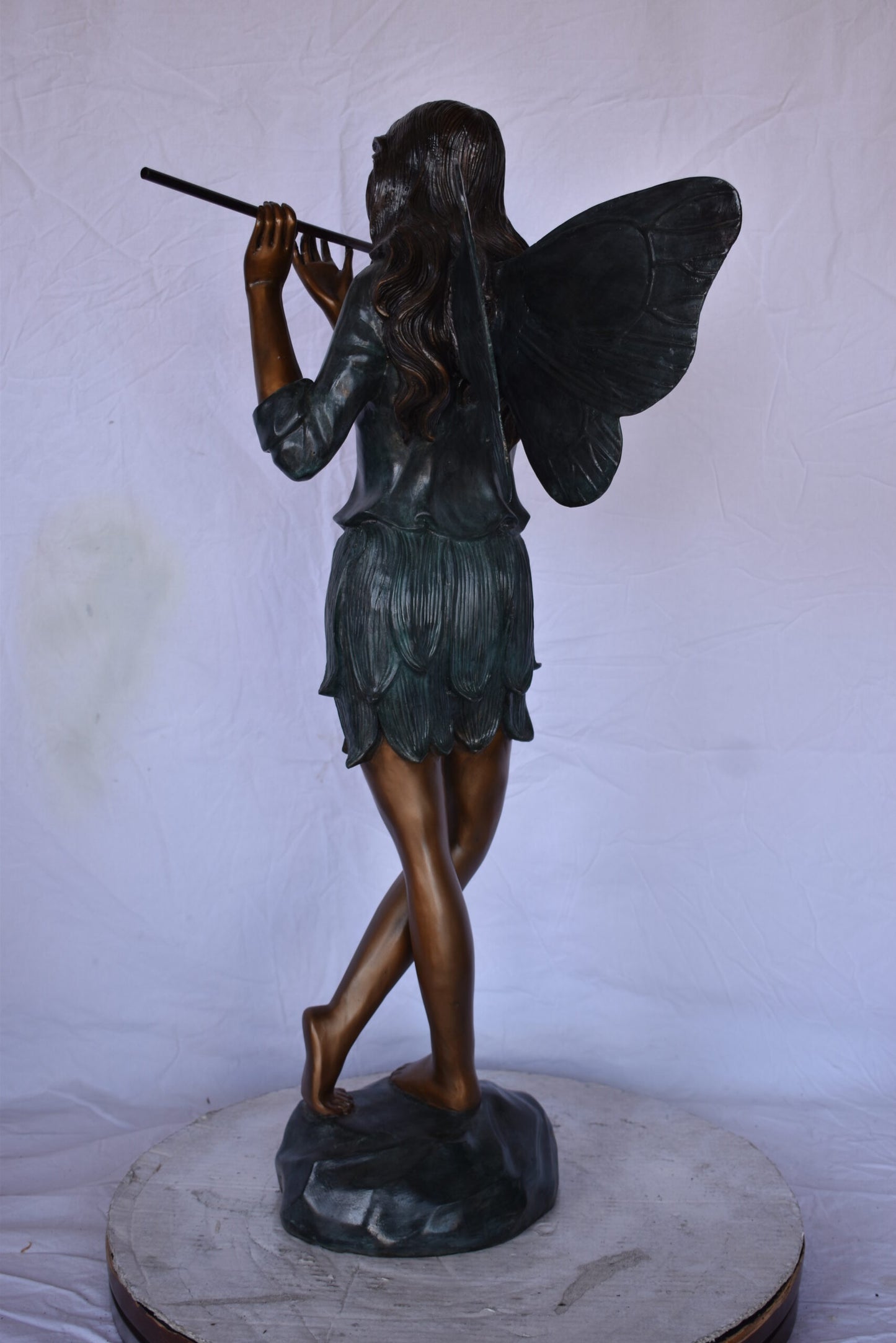 Fairy Standing and Playing the Flute Bronze Statue - Size: 16"L x 16"W x 38"H.