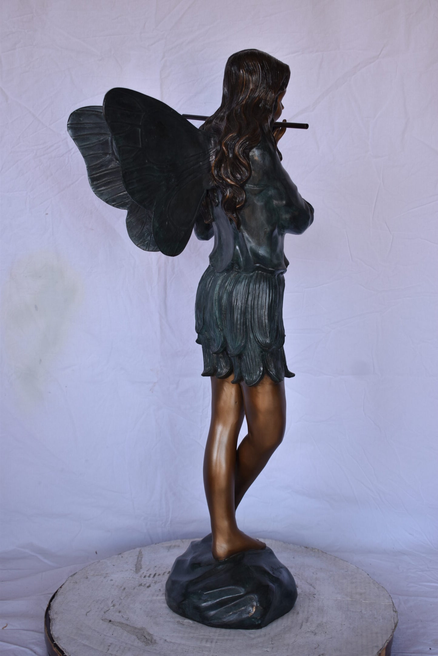 Fairy Standing and Playing the Flute Bronze Statue - Size: 16"L x 16"W x 38"H.