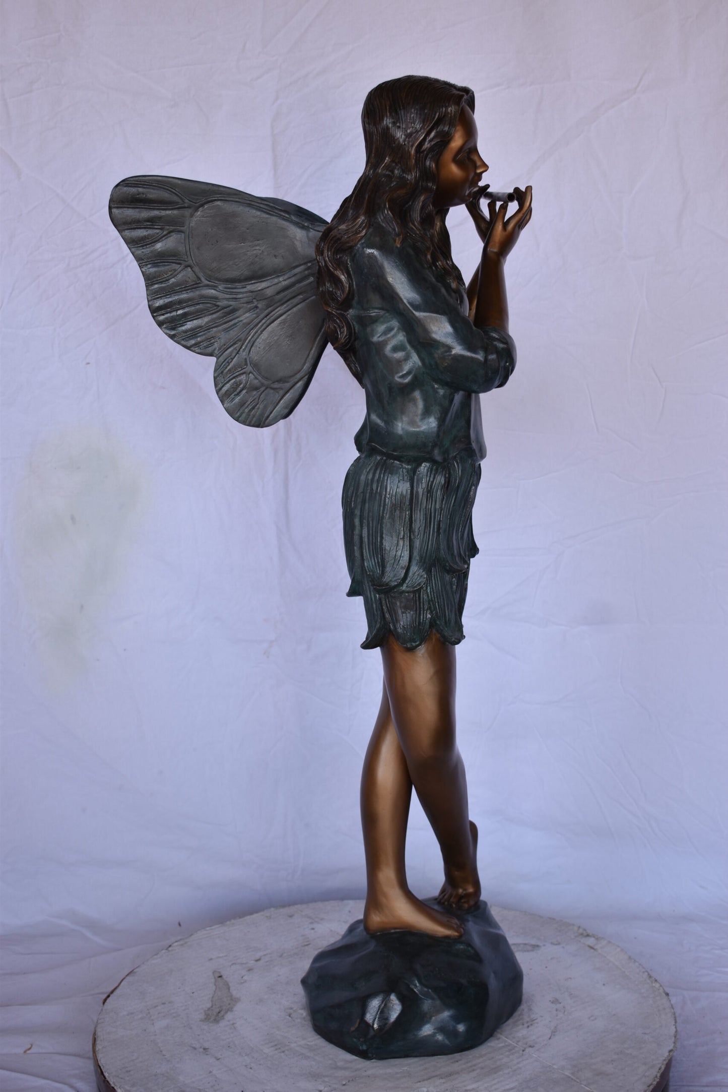 Fairy Standing and Playing the Flute Bronze Statue - Size: 16"L x 16"W x 38"H.