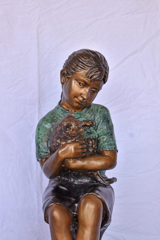 Girl Sitting on A Log with Her Cat Bronze Statue - Size: 15"L x 15"W x 35"H.