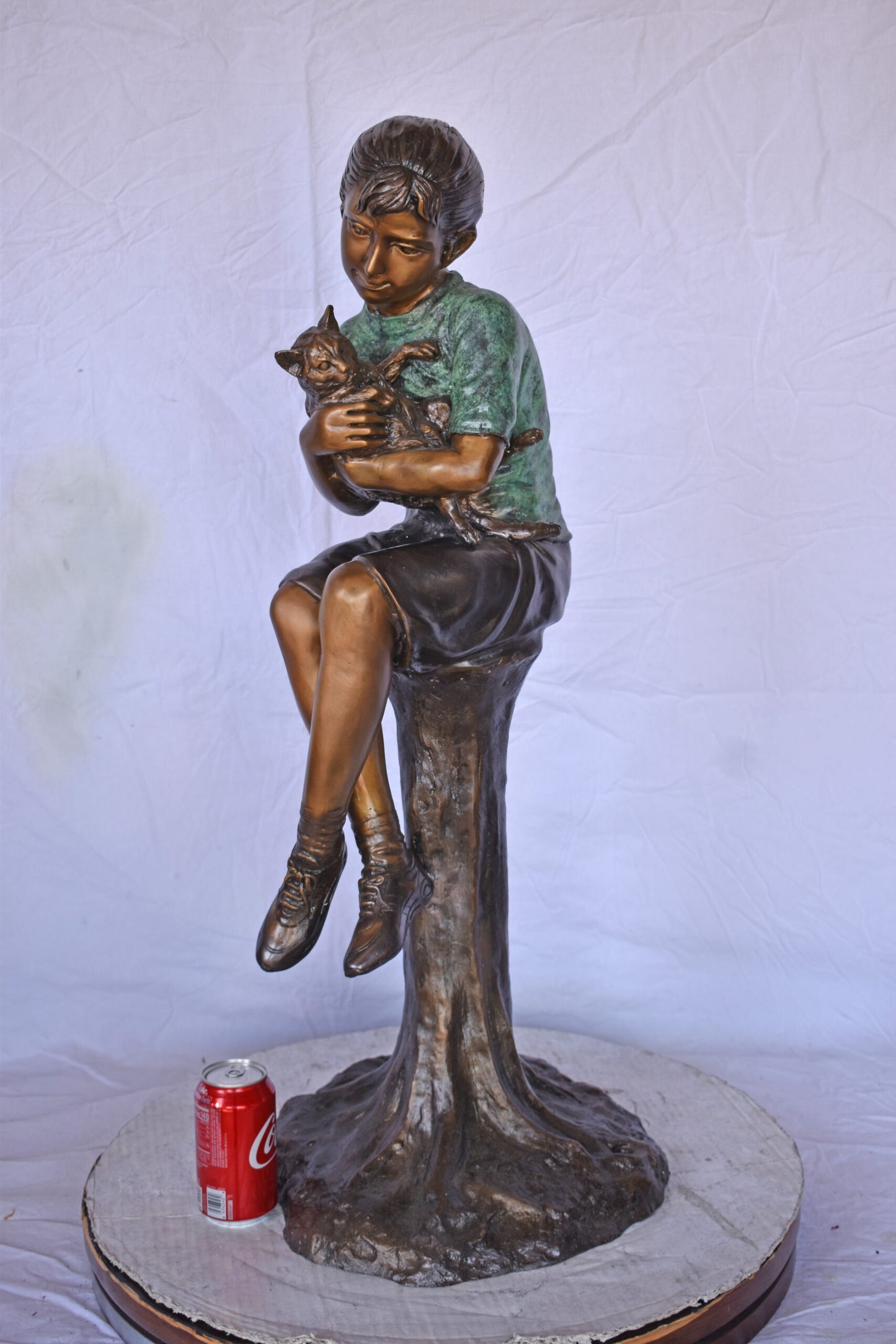 Girl Sitting on A Log with Her Cat Bronze Statue - Size: 15"L x 15"W x 35"H.