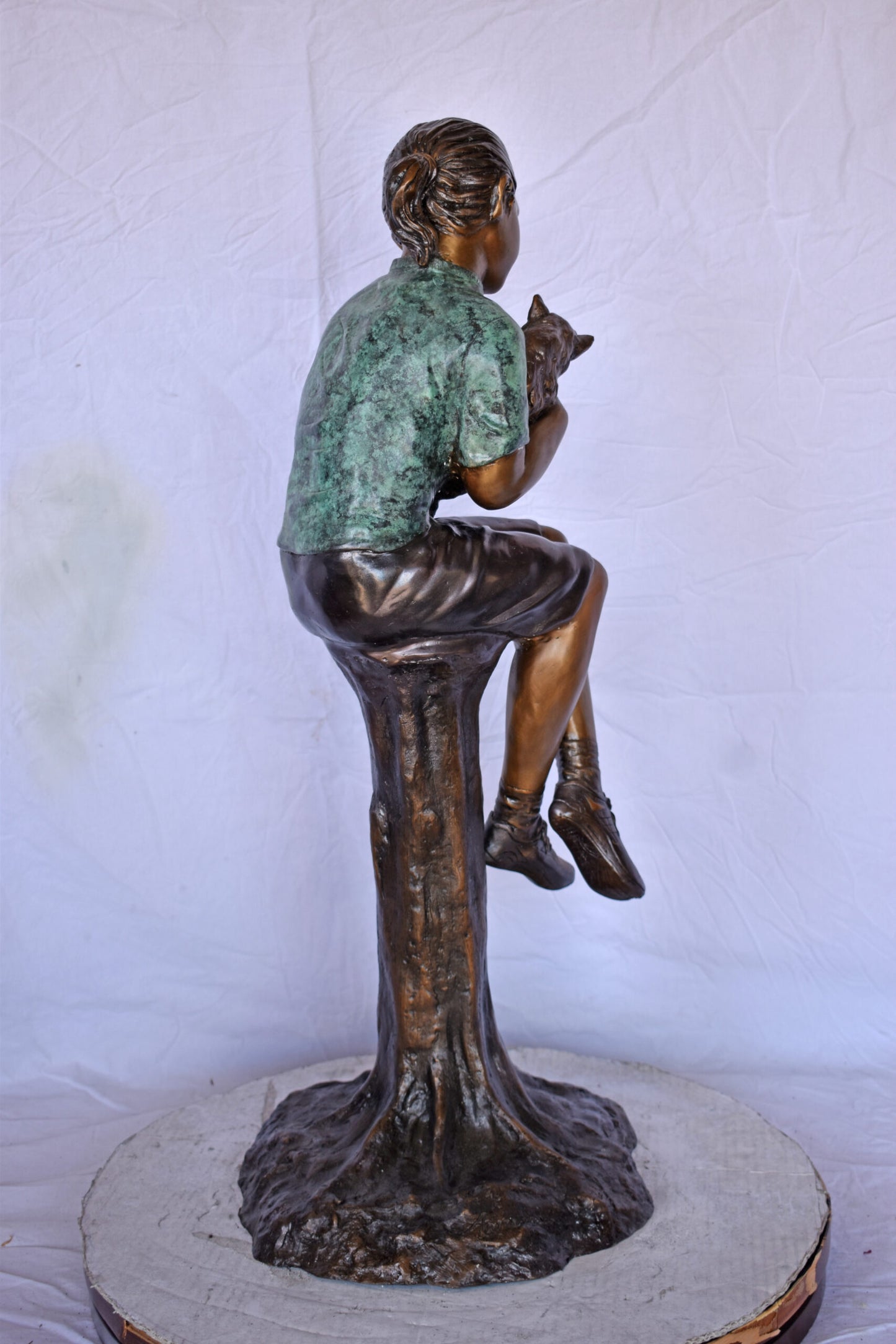 Girl Sitting on A Log with Her Cat Bronze Statue - Size: 15"L x 15"W x 35"H.