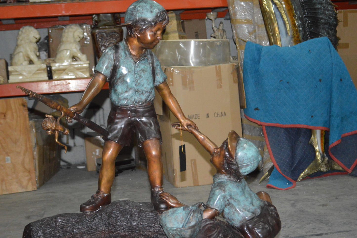 Two Boys Fishing on Tree Log Bronze Fountain - Size: 53"L x 25"W x 47"H.