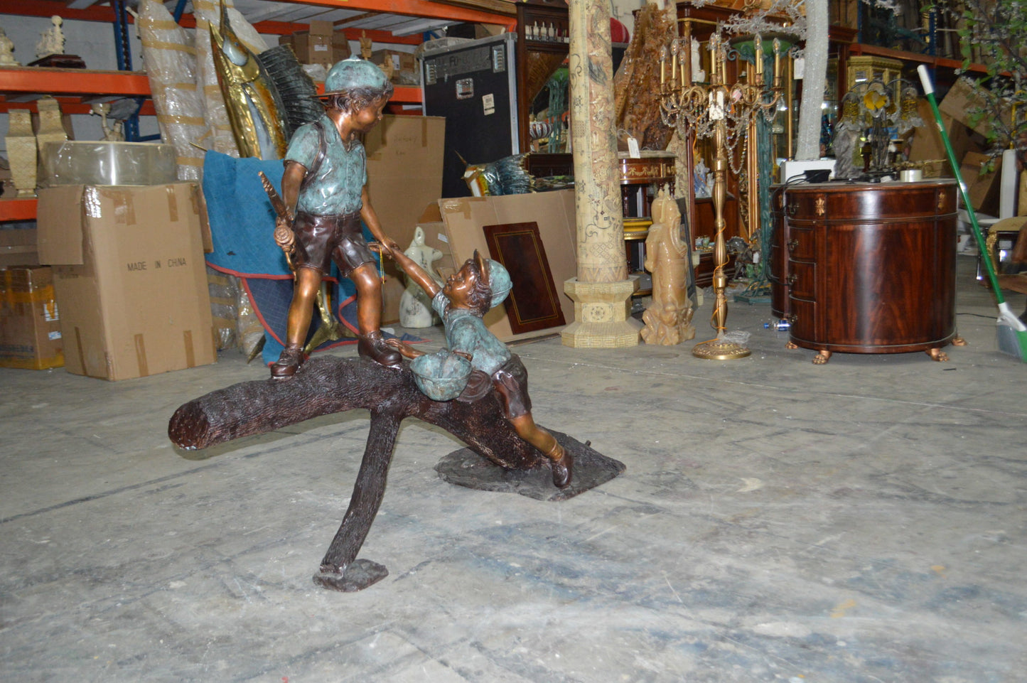 Two Boys Fishing on Tree Log Bronze Fountain - Size: 53"L x 25"W x 47"H.