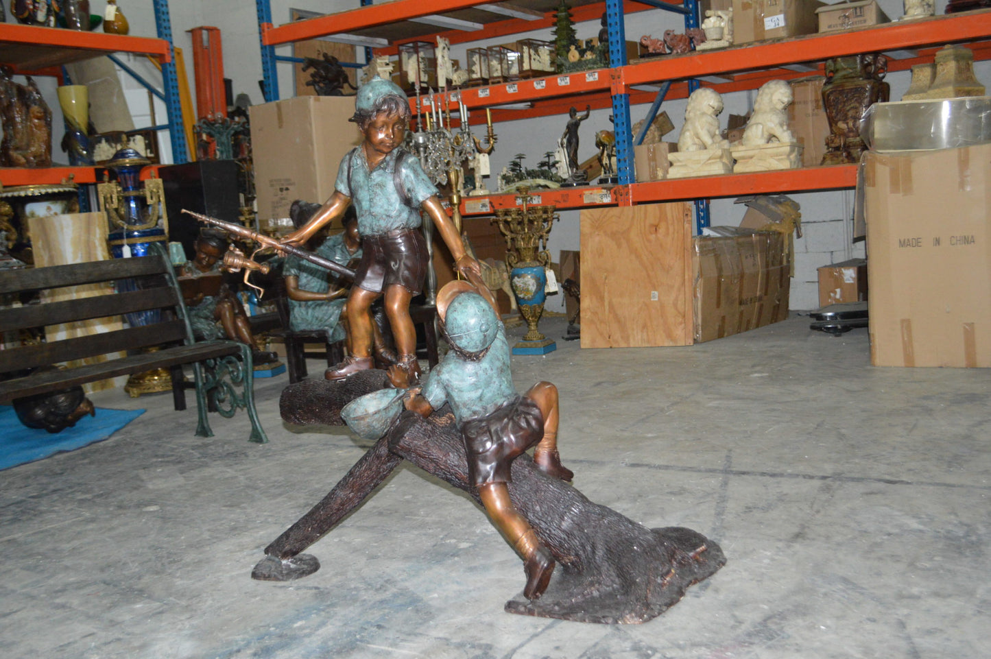 Two Boys Fishing on Tree Log Bronze Fountain - Size: 53"L x 25"W x 47"H.