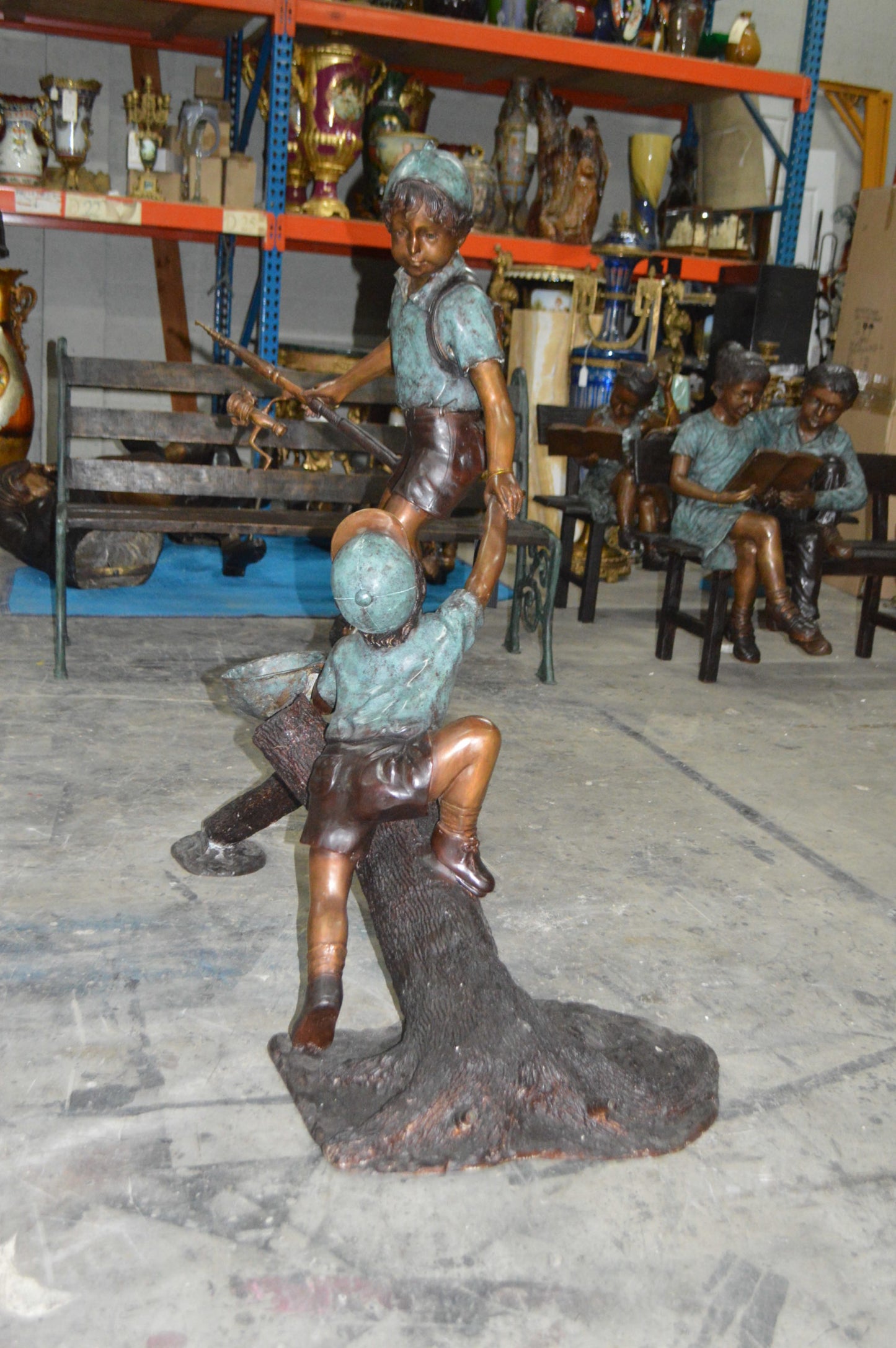 Two Boys Fishing on Tree Log Bronze Fountain - Size: 53"L x 25"W x 47"H.