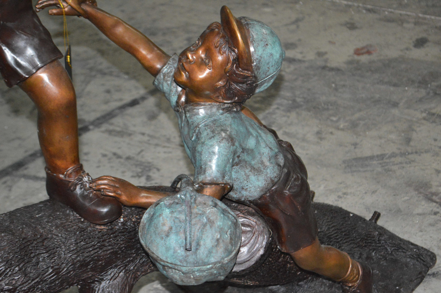 Two Boys Fishing on Tree Log Bronze Fountain - Size: 53"L x 25"W x 47"H.