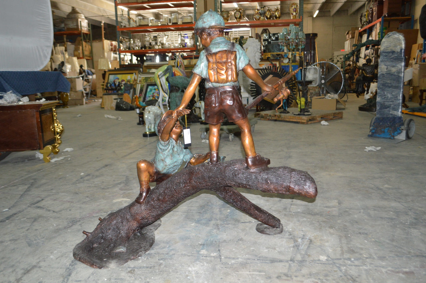 Two Boys Fishing on Tree Log Bronze Fountain - Size: 53"L x 25"W x 47"H.