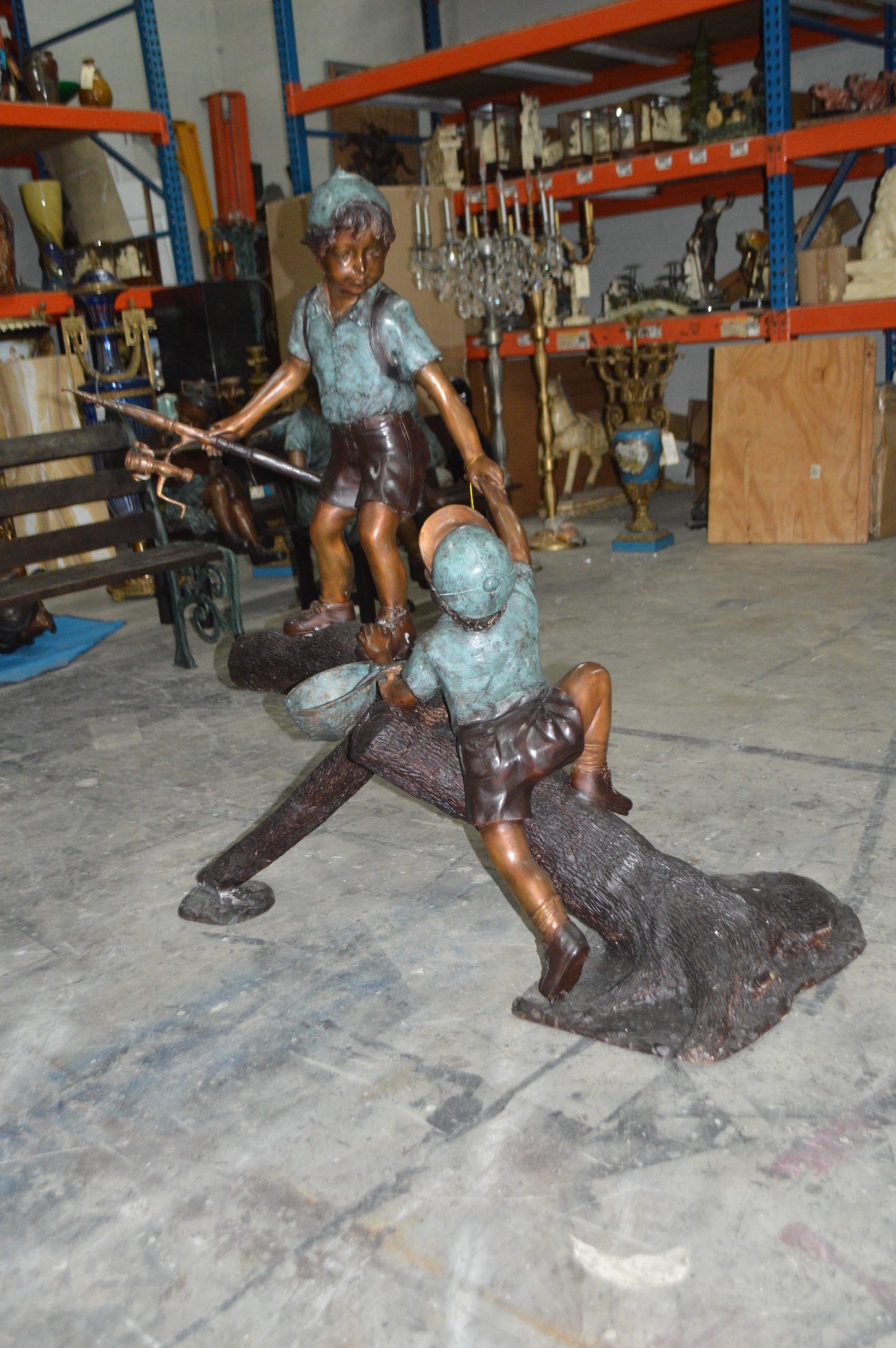 Two Boys Fishing on Tree Log Bronze Fountain - Size: 53"L x 25"W x 47"H.