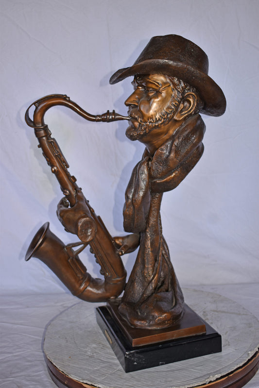 Musicista By Arnadia, Bust of Saxophone Player Bronze Statue - 15" x 18"x 32"H