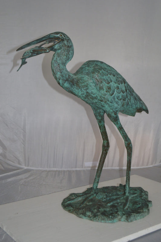 Heron Fountain with Prey Bronze Statue -  Size: 14"L x 24"W x 26"H.