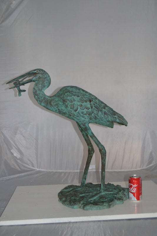 Heron Fountain with Prey Bronze Statue -  Size: 14"L x 24"W x 26"H.