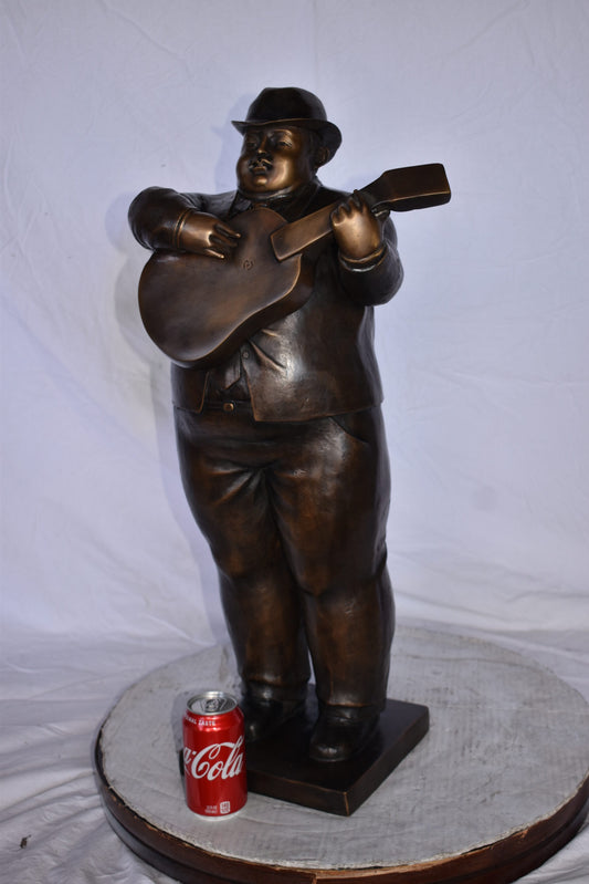 Man Playing Guitar Fernando Botero Style Bronze Statue - 14" x 11" x 30"H.