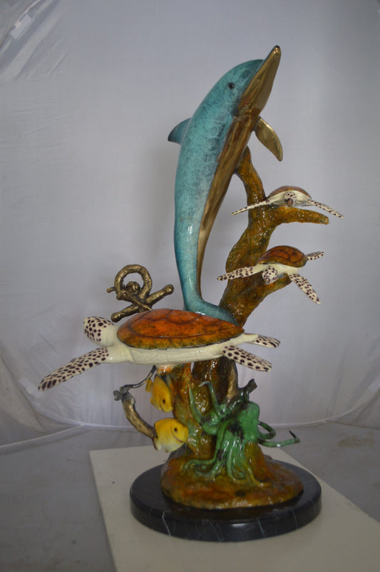 Dolphin medium with Turtles Fountain Bronze Statue -  Size: 24"L x 34"W x 36"H.