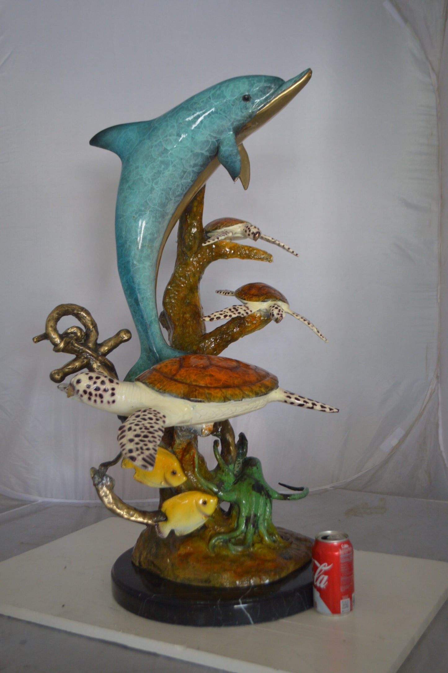 Dolphin medium with Turtles Fountain Bronze Statue - Size: 24"L x 34"W x 36"H.