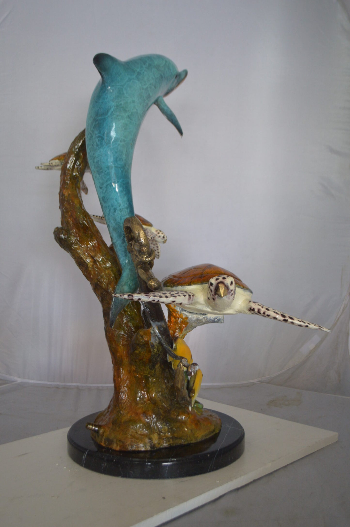 Dolphin medium with Turtles Fountain Bronze Statue - Size: 24"L x 34"W x 36"H.
