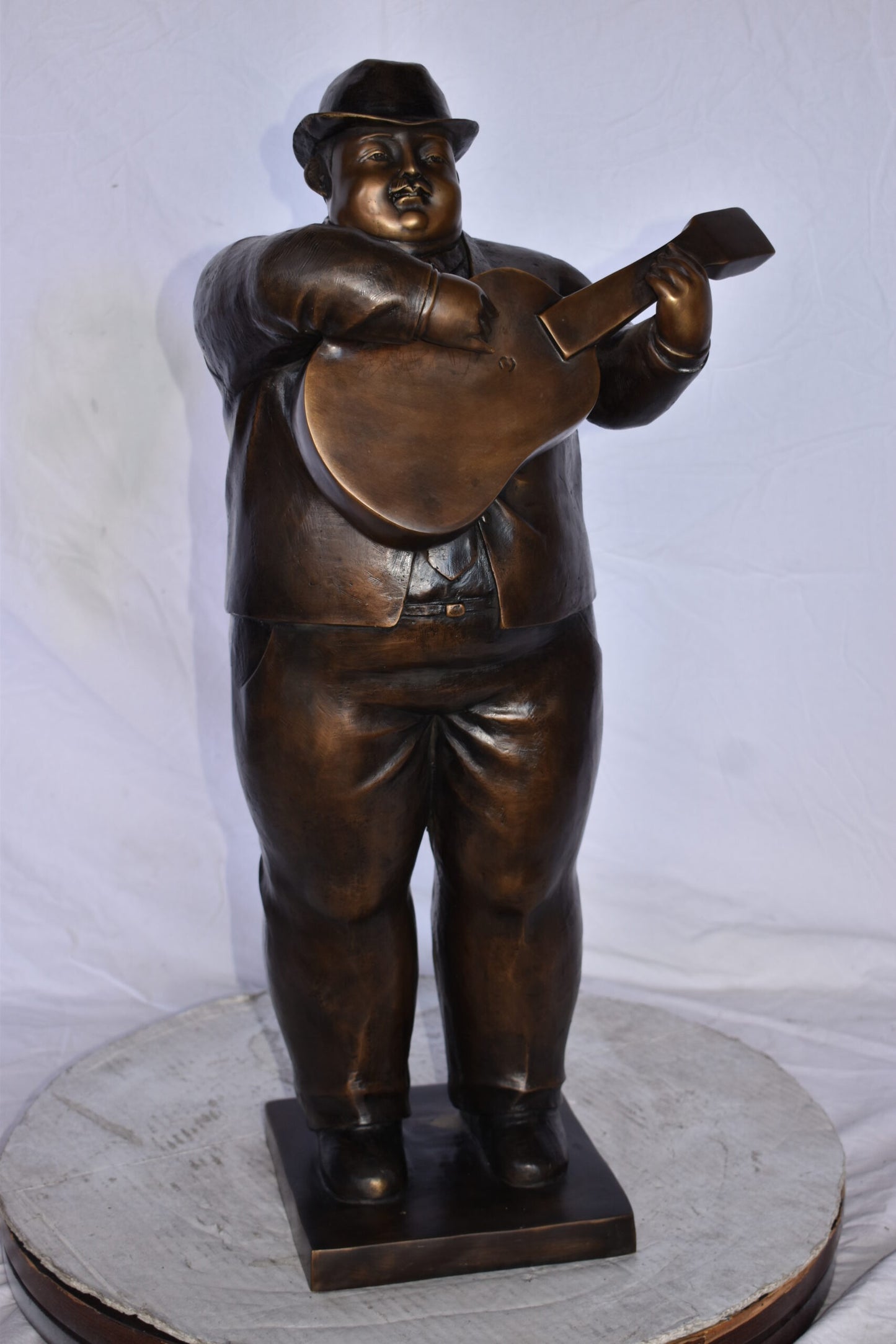 Man Playing Guitar Fernando Botero Style Bronze Statue - 14" x 11" x 30"H.