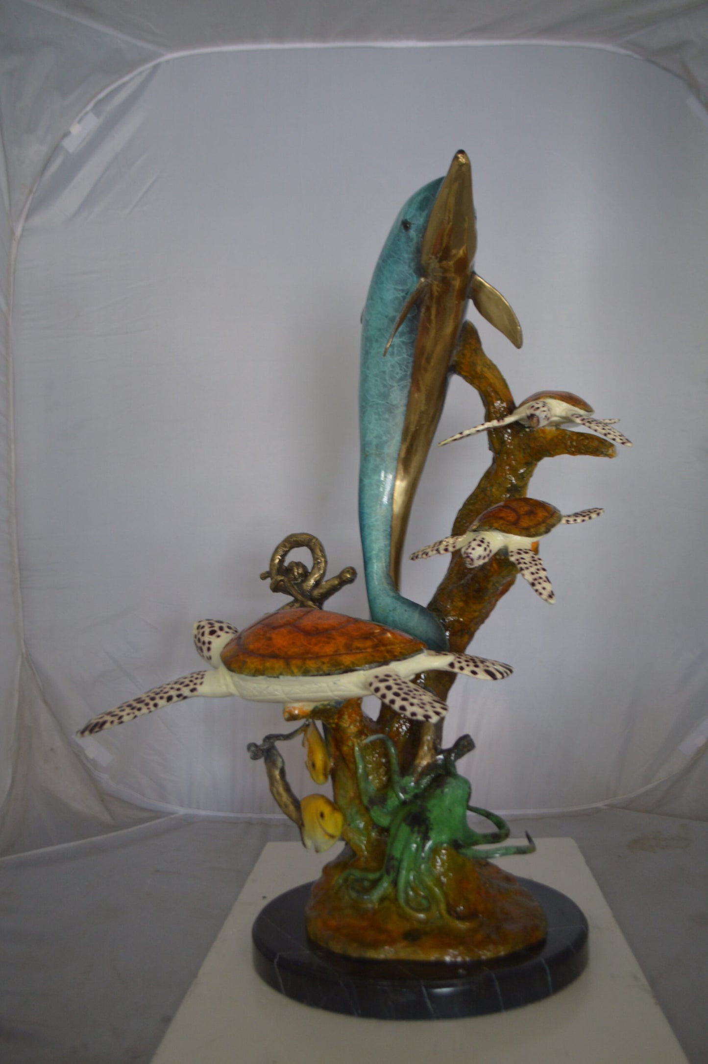 Dolphin medium with Turtles Fountain Bronze Statue - Size: 24"L x 34"W x 36"H.