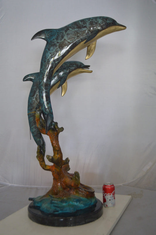 Two Dolphins fountain Bronze Statue on a marble -  Size: 19"L x 15"W x 36"H.