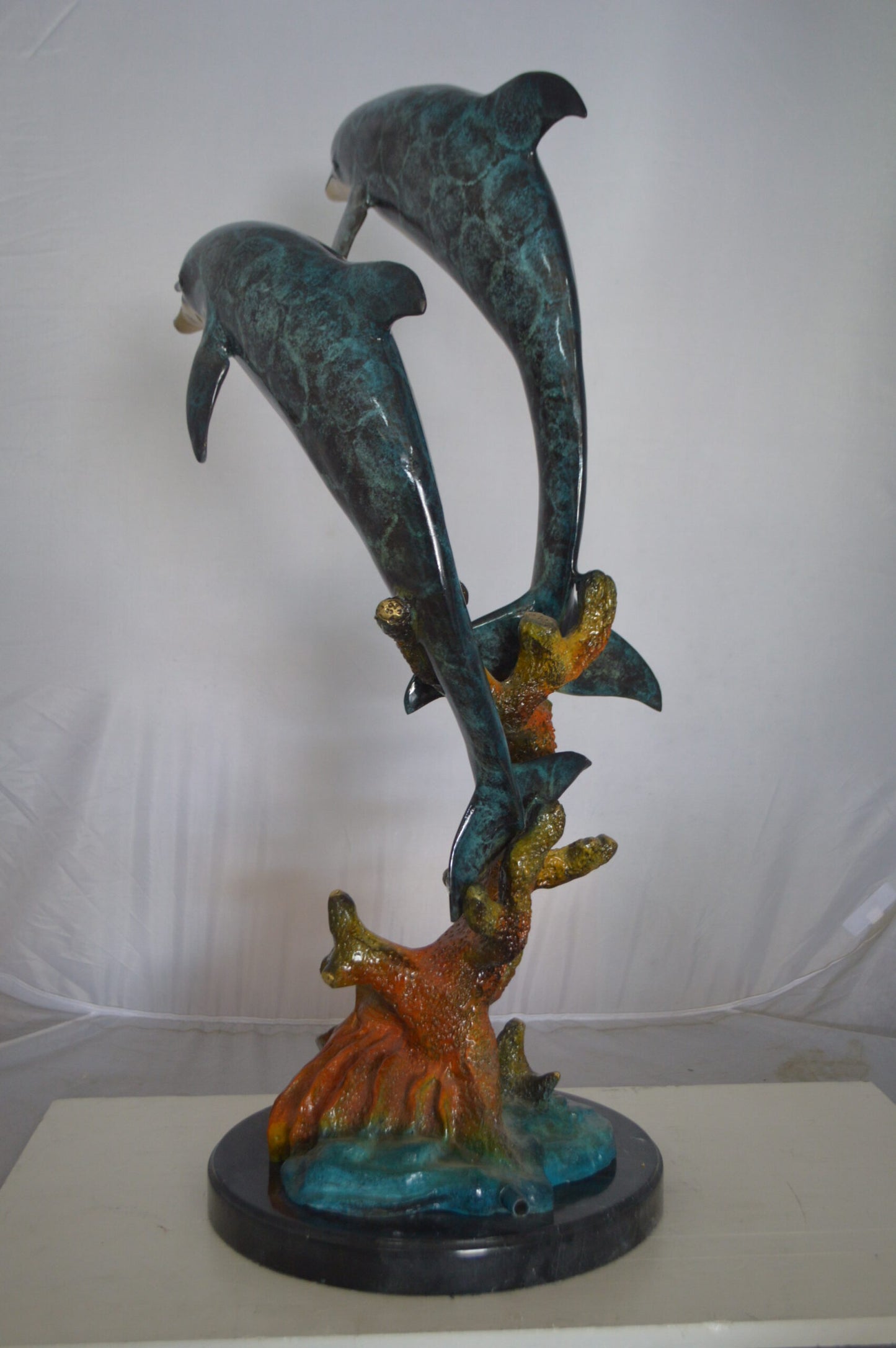 Two Dolphins fountain Bronze Statue on a marble - Size: 19"L x 15"W x 36"H.
