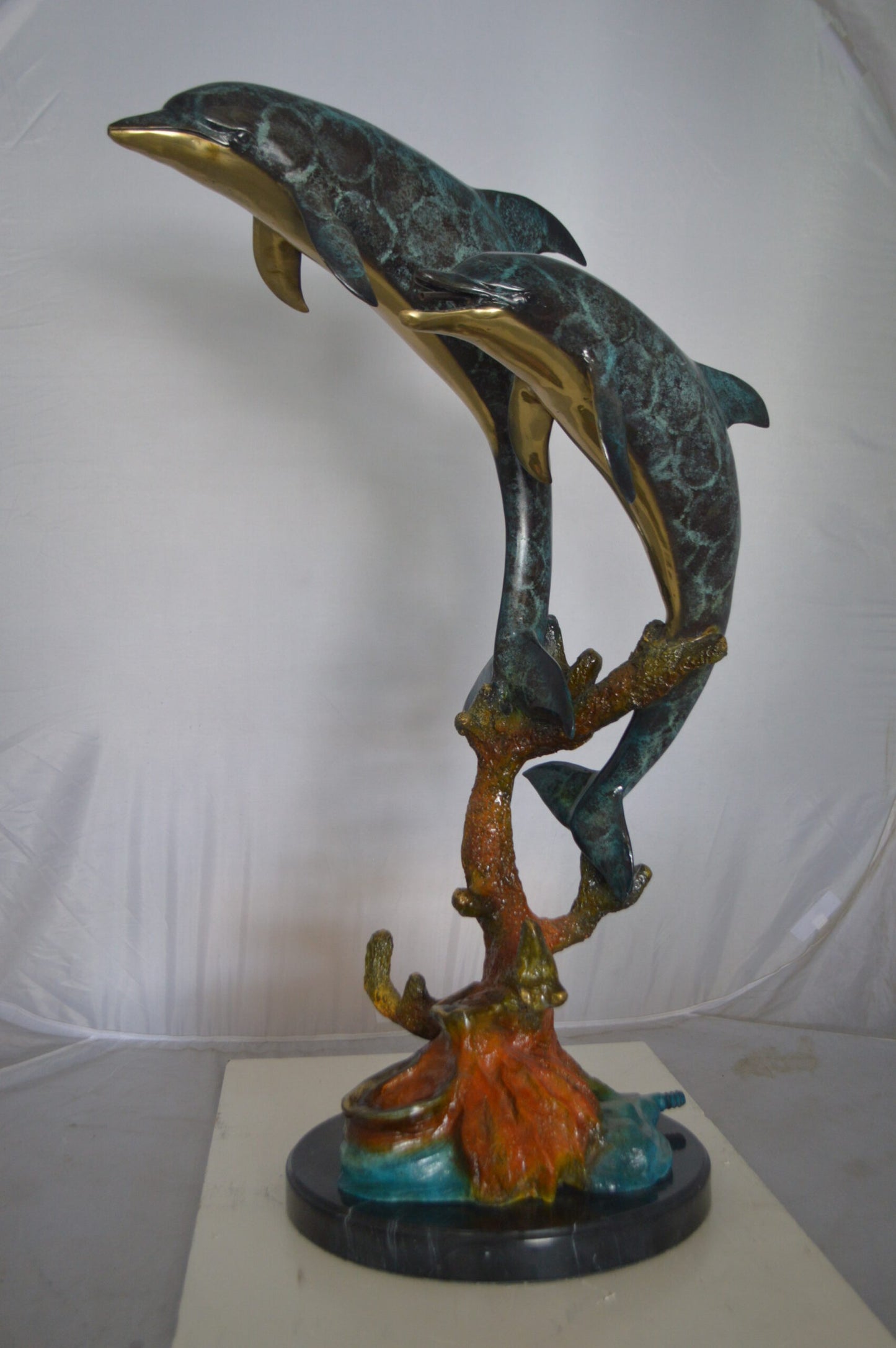 Two Dolphins fountain Bronze Statue on a marble - Size: 19"L x 15"W x 36"H.