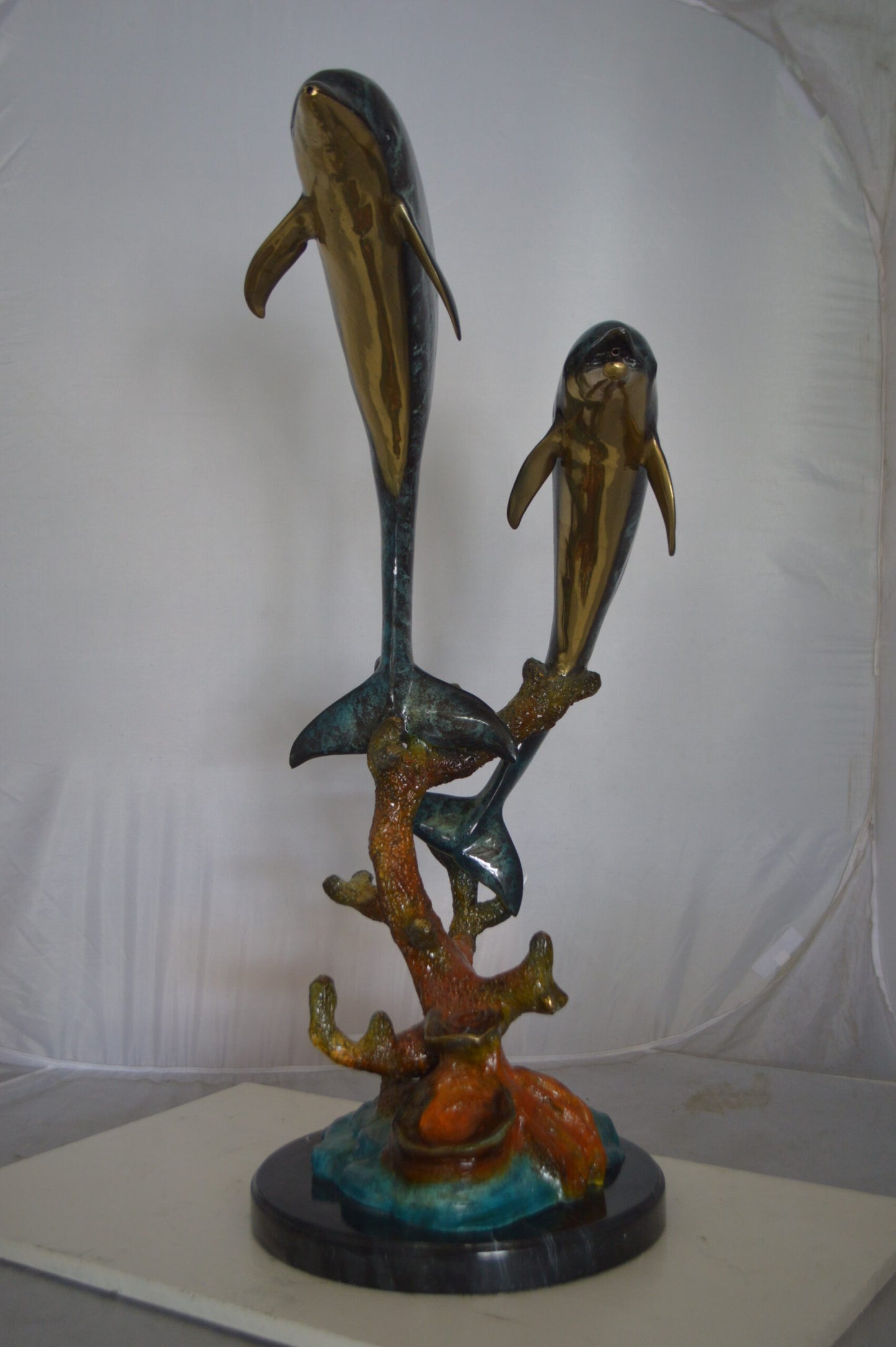 Two Dolphins fountain Bronze Statue on a marble - Size: 19"L x 15"W x 36"H.