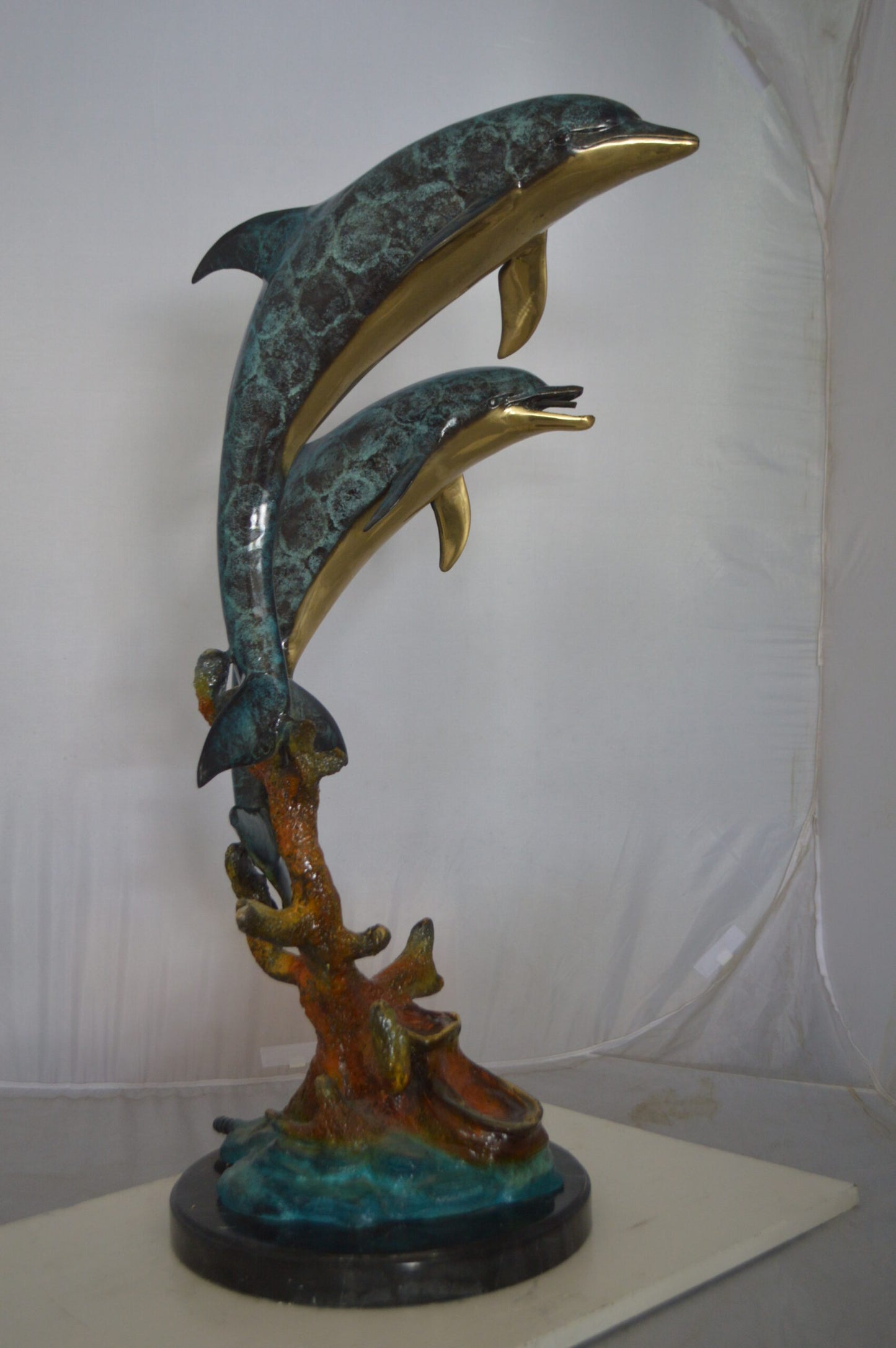 Two Dolphins fountain Bronze Statue on a marble - Size: 19"L x 15"W x 36"H.