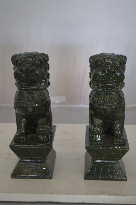 Pair of Foo Dogs Made of Jade - Size: 7"L x 4"W x 14"H.
