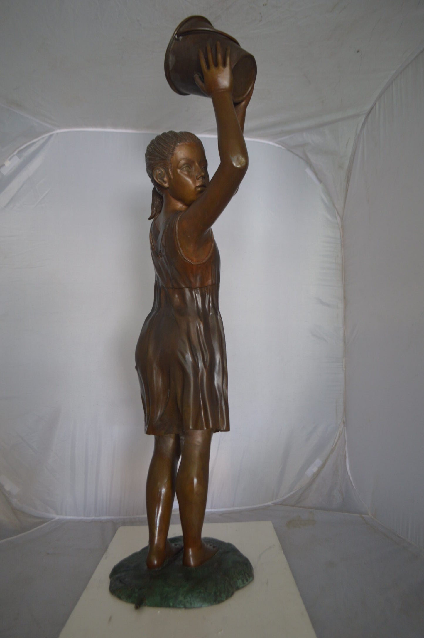Standing girl with Bucket Fountain Bronze Statue - Size: 20"L x 15"W x 55"H.