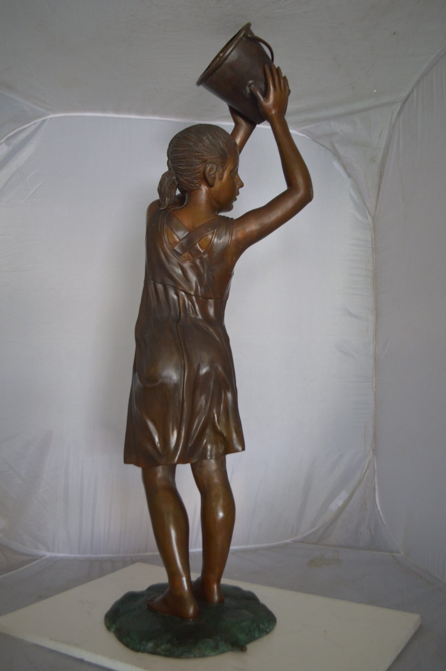 Standing girl with Bucket Fountain Bronze Statue - Size: 20"L x 15"W x 55"H.