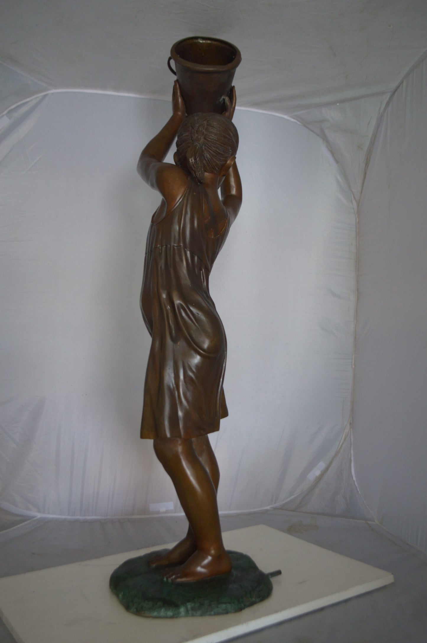 Standing girl with Bucket Fountain Bronze Statue - Size: 20"L x 15"W x 55"H.