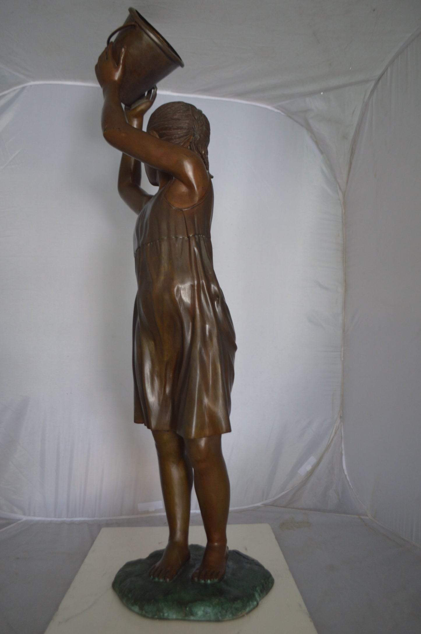 Standing girl with Bucket Fountain Bronze Statue - Size: 20"L x 15"W x 55"H.