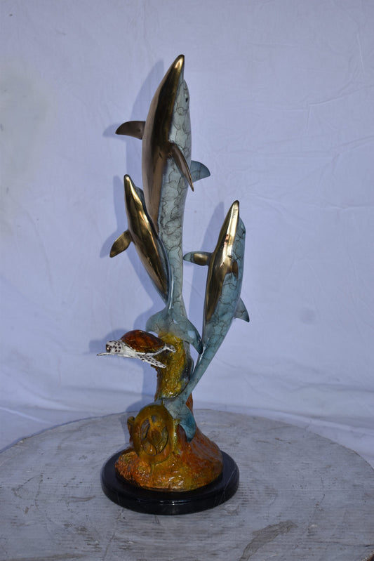 Three Dolphins Jumping Next to A Sea Turtle Bronze Statue 10"x 11" x 24"H.