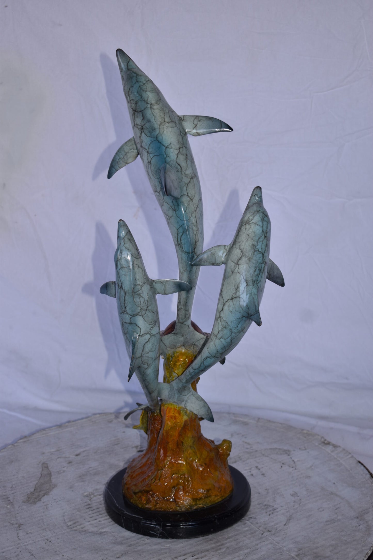 Three Dolphins Jumping Next to A Sea Turtle Bronze Statue 10"x 11" x 24"H.