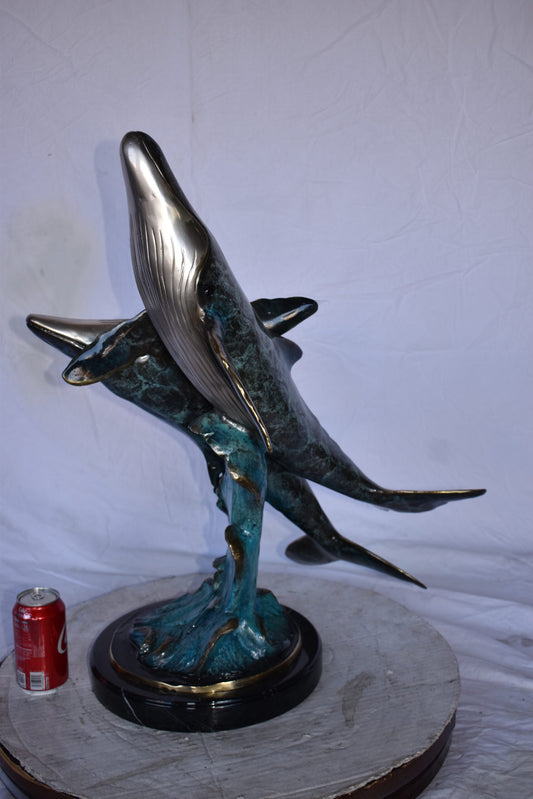 Pair of Blue Whales Swimming in The Ocean Bronze Statue Size: 21" x 20" x 27"H.