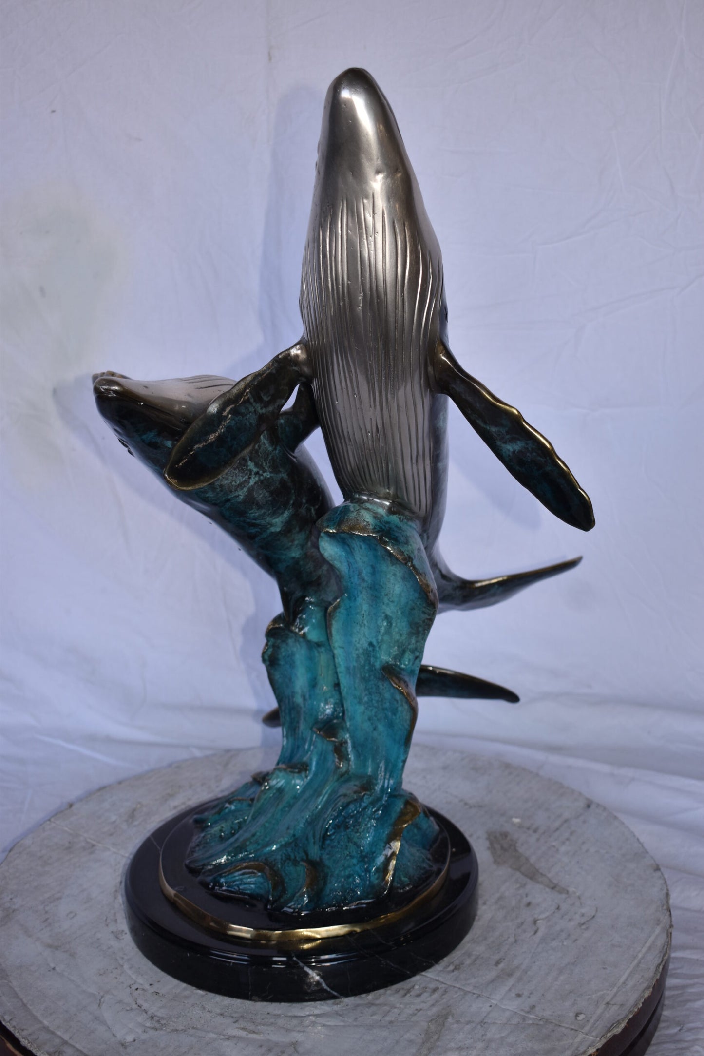 Pair of Blue Whales Swimming in The Ocean Bronze Statue Size: 21" x 20" x 27"H.