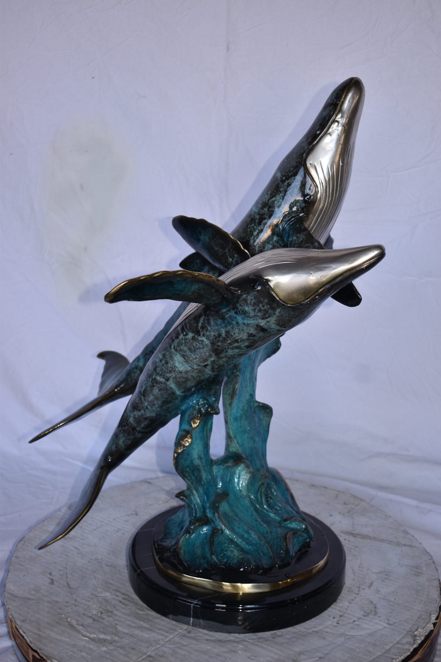 Pair of Blue Whales Swimming in The Ocean Bronze Statue Size: 21" x 20" x 27"H.