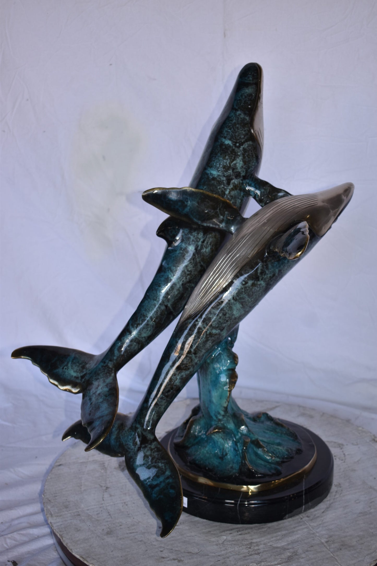 Pair of Blue Whales Swimming in The Ocean Bronze Statue Size: 21" x 20" x 27"H.