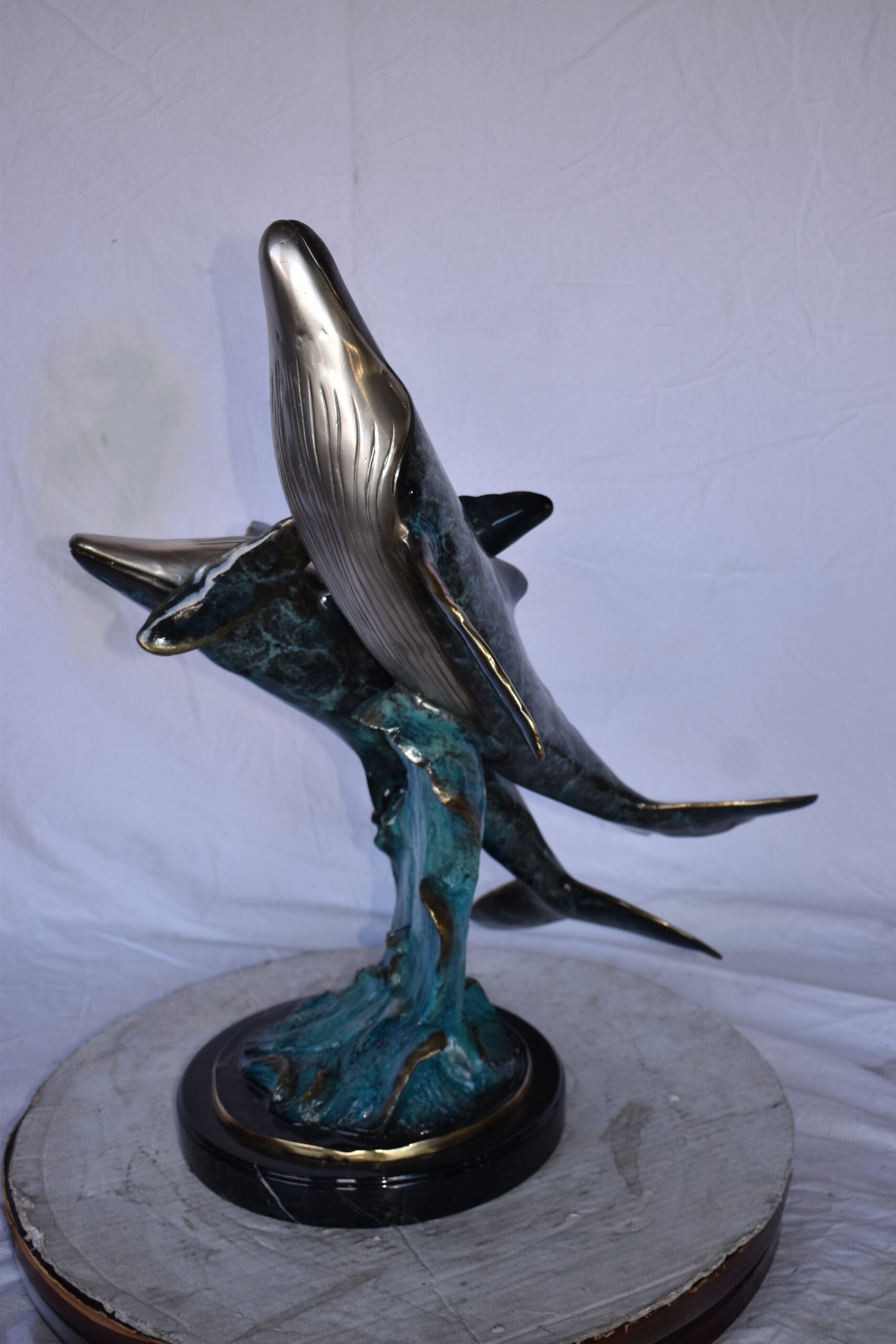Pair of Blue Whales Swimming in The Ocean Bronze Statue Size: 21" x 20" x 27"H.
