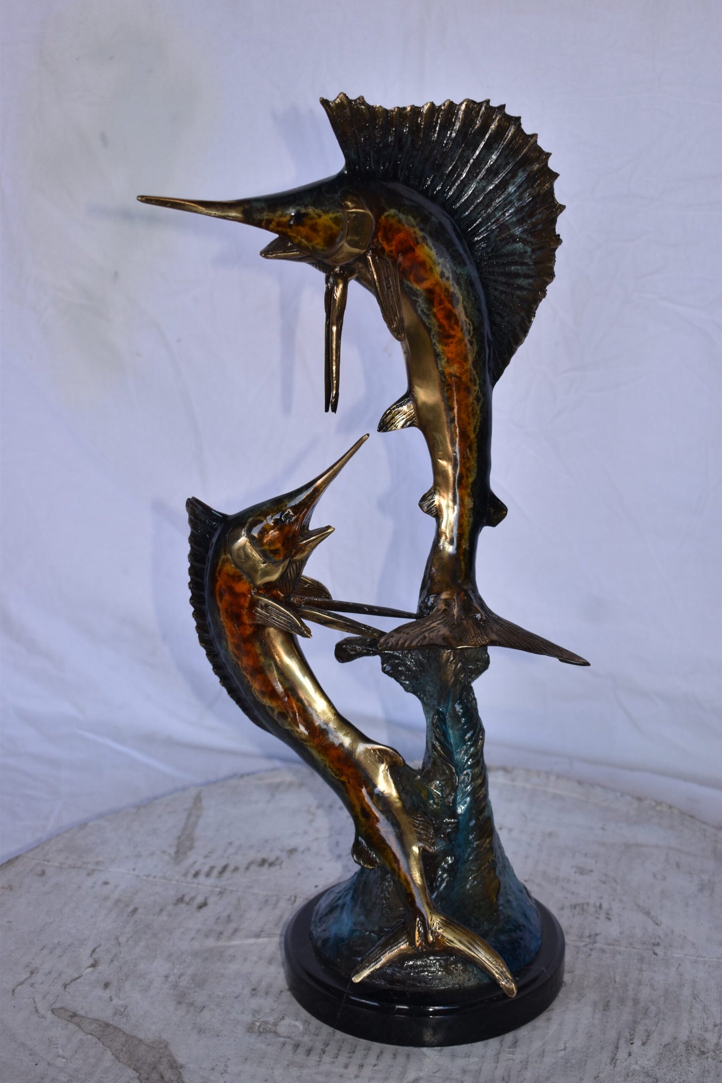 Two Swordfish Swimming in The Ocean Bronze Statue - Size: 11"L x 10"W x 22"H.