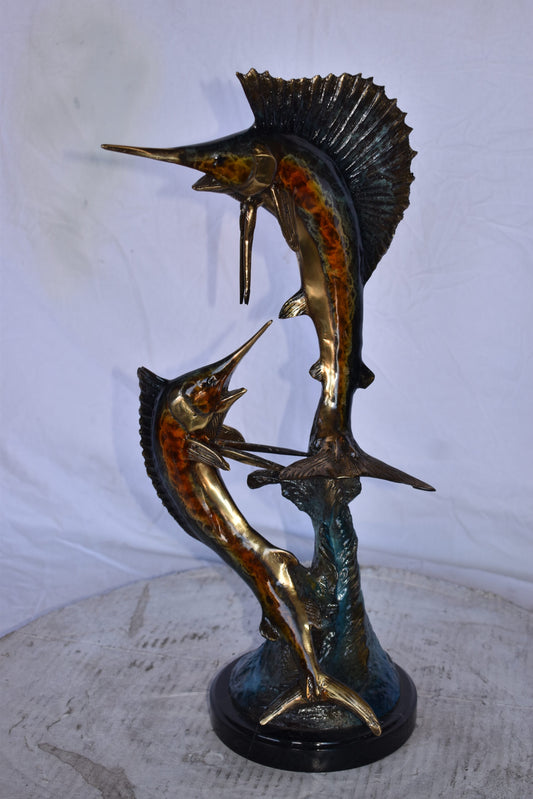 Two Swordfish Swimming in The Ocean Bronze Statue - Size: 11"L x 10"W x 22"H.