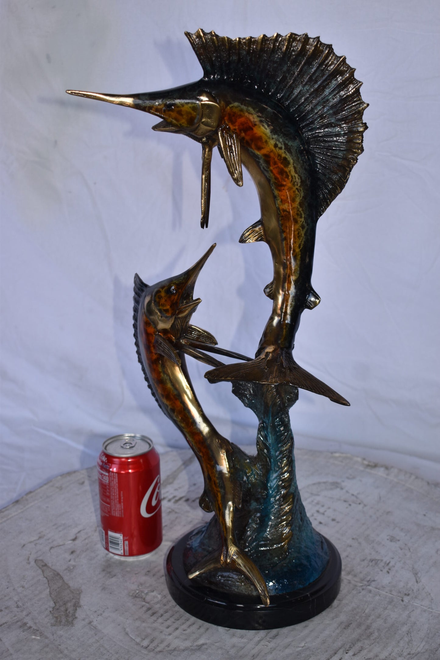 Two Swordfish Swimming in The Ocean Bronze Statue - Size: 11"L x 10"W x 22"H.
